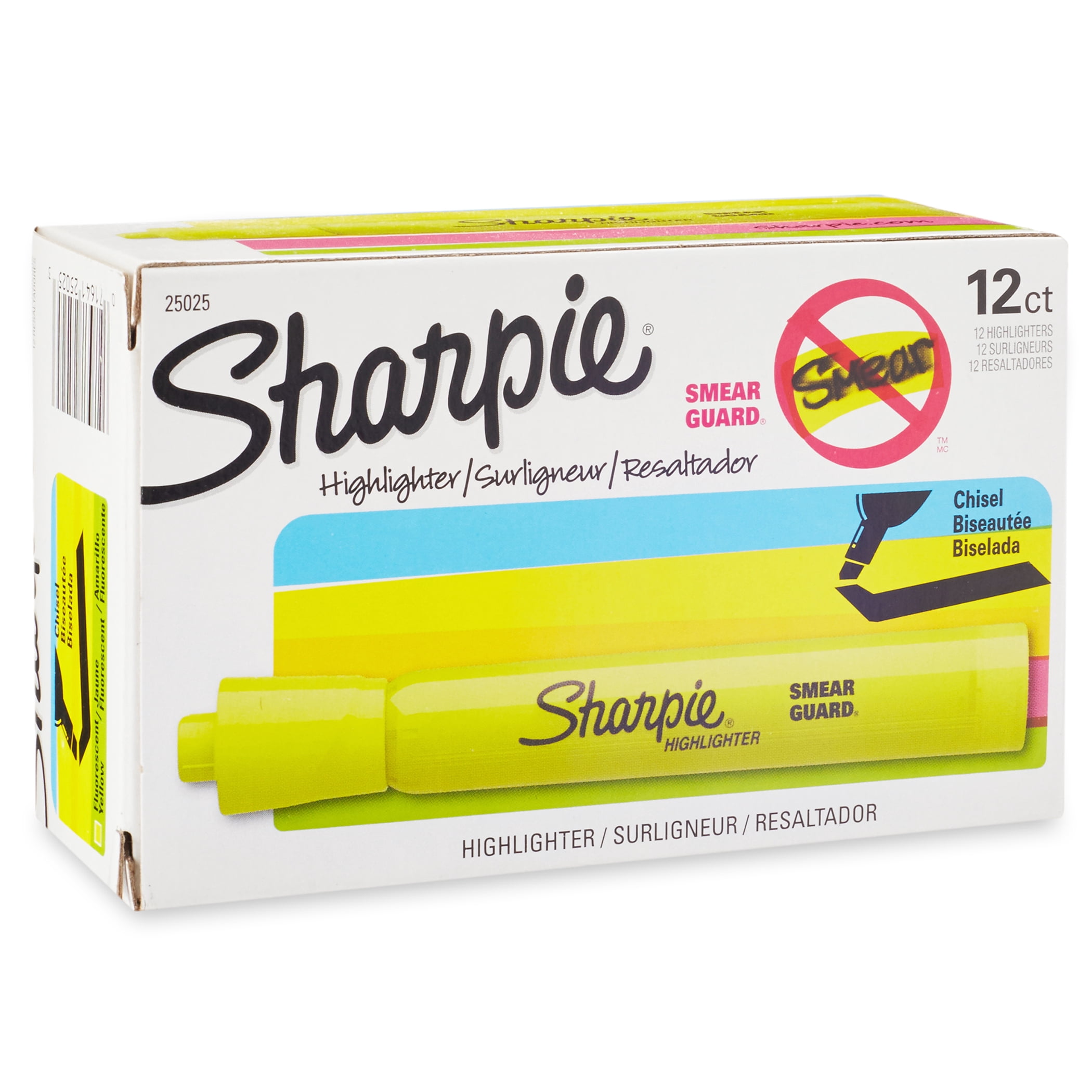 Sharpie Tank Style Highlighters, Chisel Tip, Fluorescent Yellow, 12 Per Pack, 2 Packs