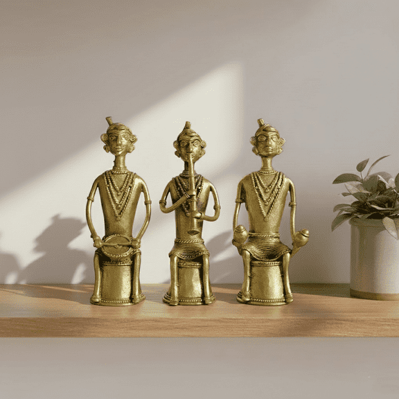 Dhokra Art Trio Musicians Sculpture - Rustic Tribal Charm, Brass Gold Finish
