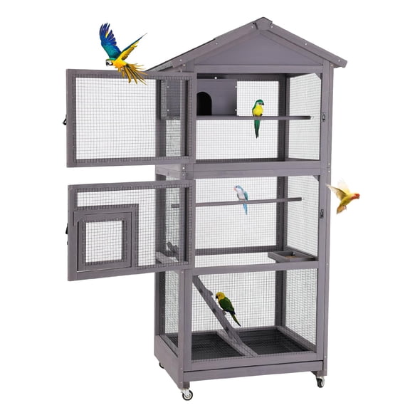 Aivituvin Wooden Large Bird Cage with Wheels – Mobile Outdoor Aviary with Play Stand, Perches & Nest, Easy-Clean Mesh Design