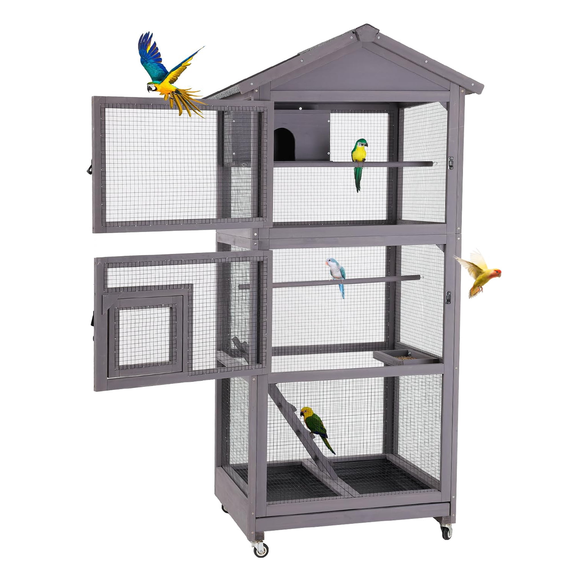 Aivituvin Wooden Large Bird Cage with Wheels – Mobile Outdoor Aviary with Play Stand, Perches & Nest, Easy-Clean Mesh Design