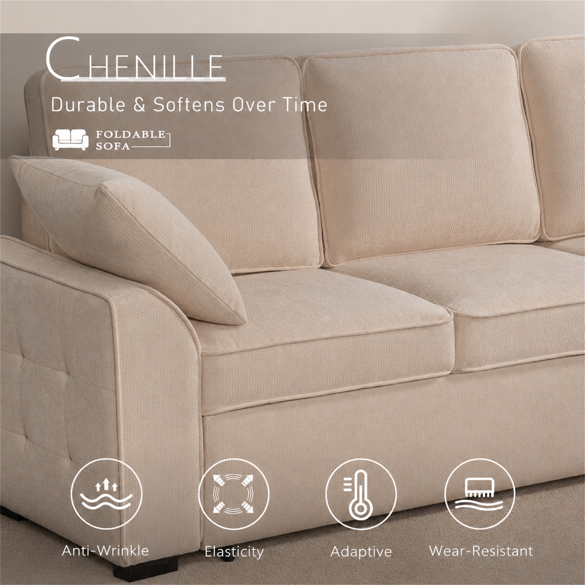 Aukfa 86" L-Shaped Convertible Sectional Sleeper Sofa Bed with USB & Cup Holders Console, Storage Chaise for Living Room, Chenille, Beige