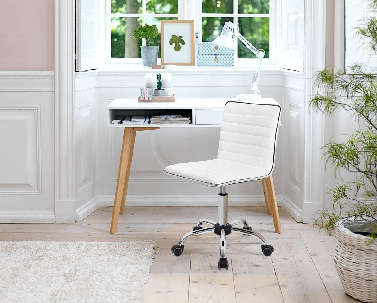 Homall Mid Back Task Chair,Low Back Leather Swivel Office Chair,Computer Desk Chair Retro with Armless Ribbed (White)