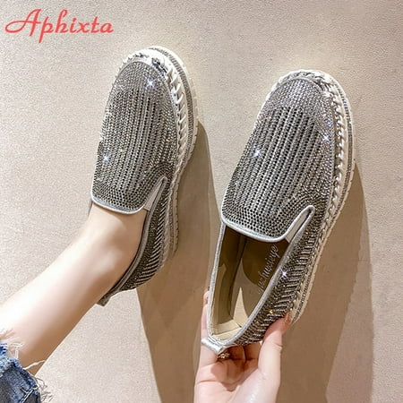 

Aphixta Crystals Round Toe Leather Flats Shoes Women Silver Bling Loafers Couple Platform Shoes Woman Flat With Students Size 43