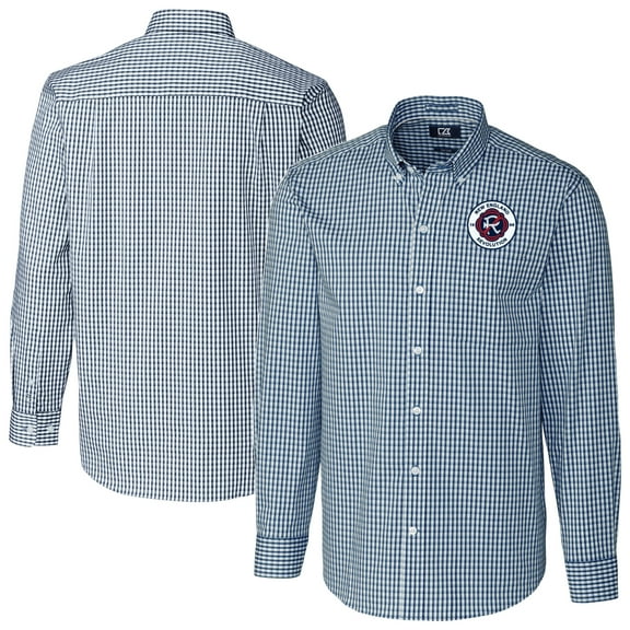 Men's Cutter & Buck Navy New England Revolution Easy Care Stretch Gingham Long Sleeve Dress Shirt
