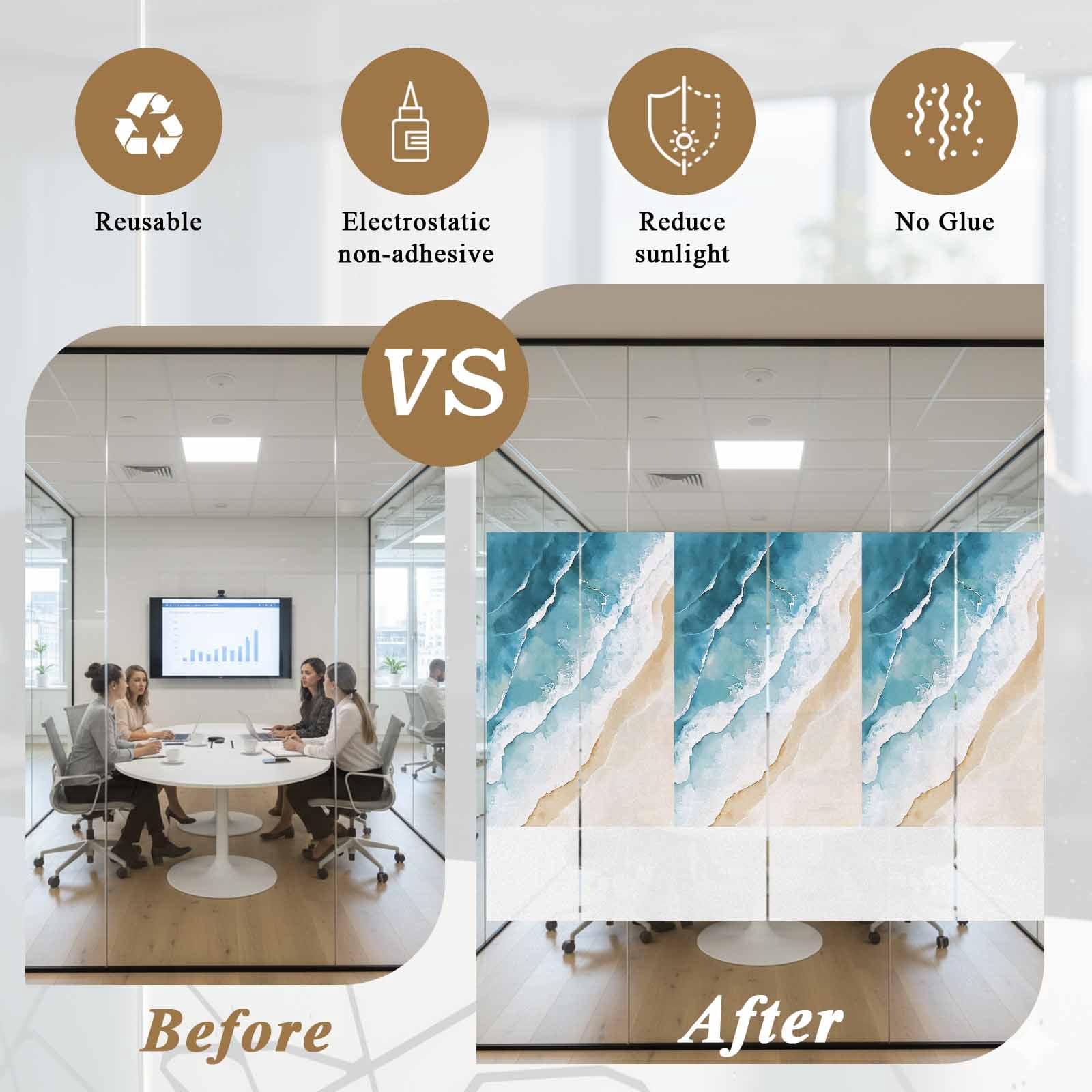 Beach Ocean Waves Window Privacy Film, Blue Watercolor Painting Frosted Glass Window Clings Static Cling UV Heat Blocking Reusable Door Sticker for Bathroom 23.6 x 59 Inch