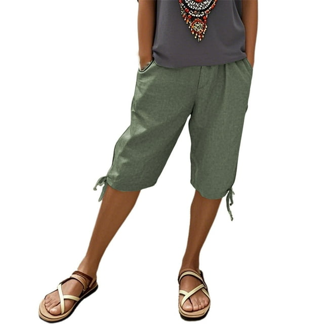 Women's Linen Pants with Pockets - Elastic Drawstring Leisure Five-Eighths Pants