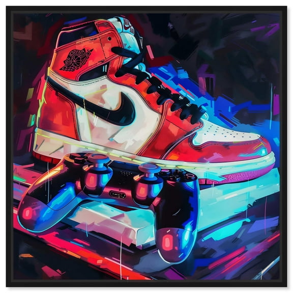 Gaming and Style Canvas Sneaker Art Print by Art Remedy, Black Frame, 12" x 12"