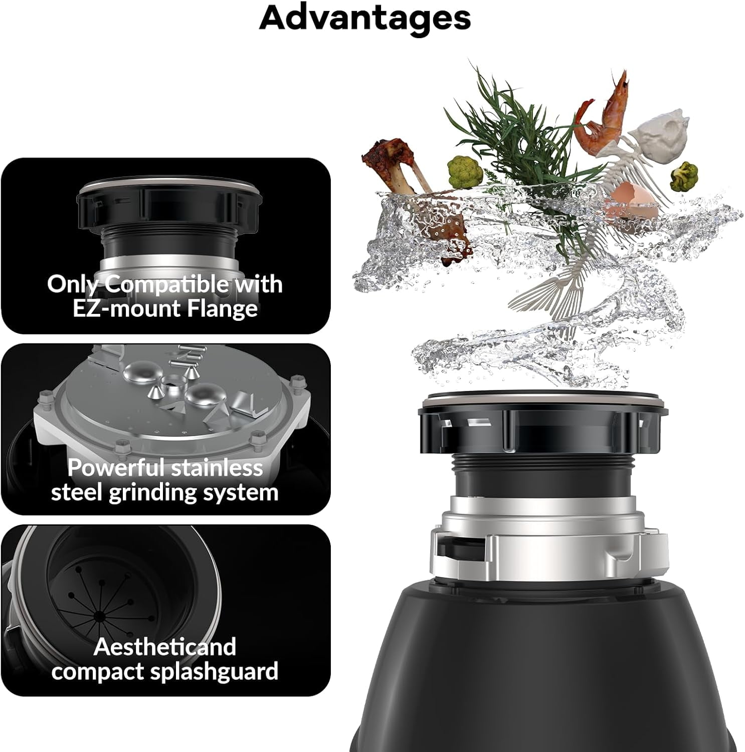 Garvee 1/2 HP Garbage Disposal with Air Switch, 4-Stage Grinding, 3500 RPM, Quiet Food Waste Disposer, Stainless Steel & ABS, for Kitchen, Matte Black