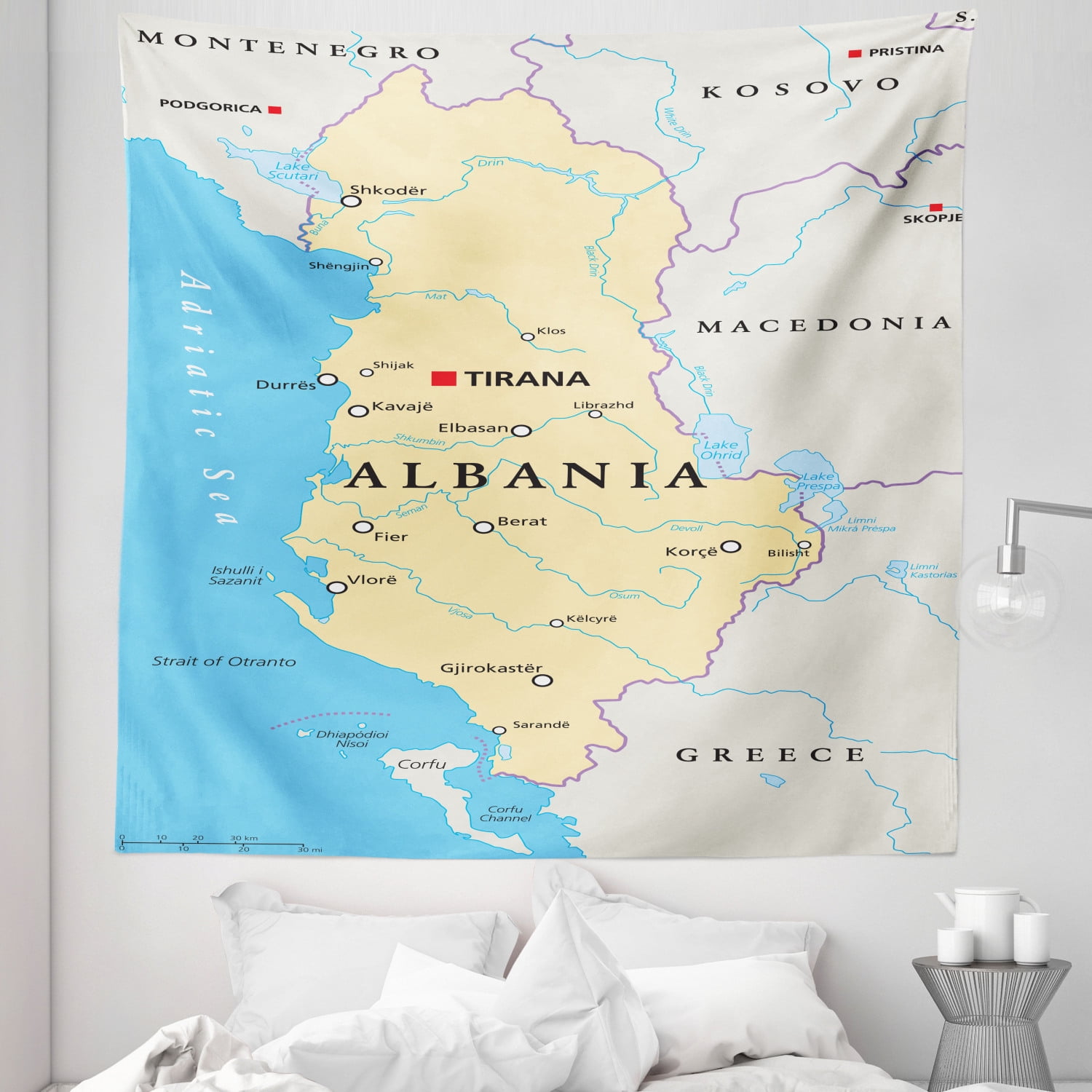 Albania Tapestry, Detailed Political Map of the Country with Capital 