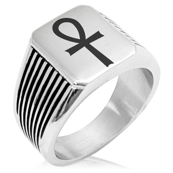Stainless Steel Egyptian Ankh Cross Needle Stripe Pattern Biker Style Polished Ring