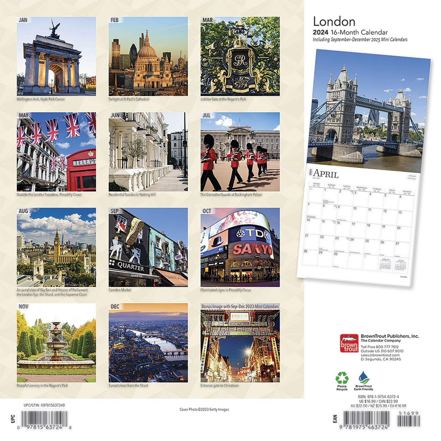 BrownTrout London 2024 12x24 Inch Square Wall Calendar, 9781975463724