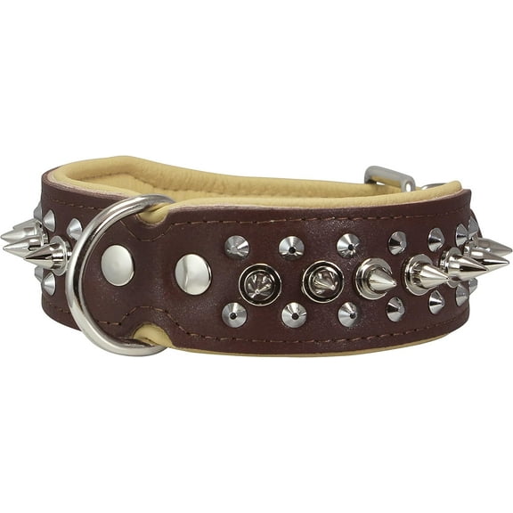 Dogs My love Spiked Studded Genuine Leather Dog Collar 1.75" Wide (16.5"-18.5" Neck; 1.75" Wide, Brown/Beige)