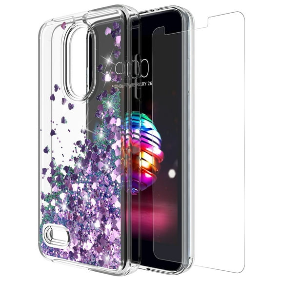 LG K30 Case, LG K10 2018 Case With Tempered Glass Screen Protector, KAESAR Slim Sleek Quicksand Glitter Sparkly Bling Cute Liquid Soft Bumper Protective Cover for LG K30 (Purple)