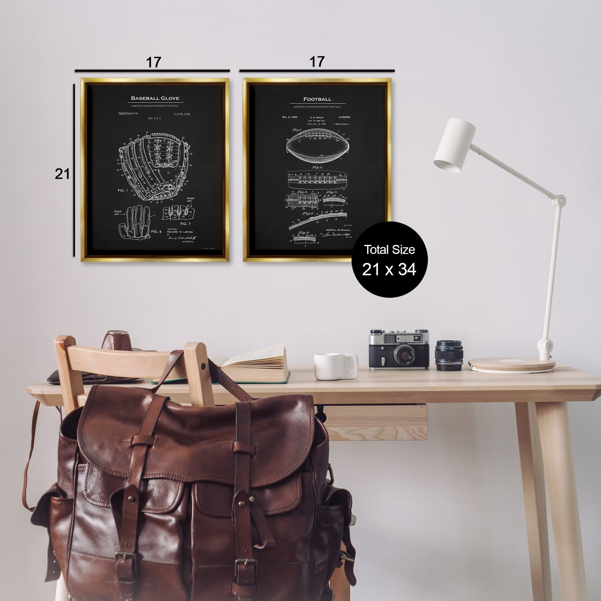 Stupell Industries Football Baseball Glove Patent Education Painting Gold Floater Framed Canvas Art Print Wall Art, 17 x 21, Set of 2