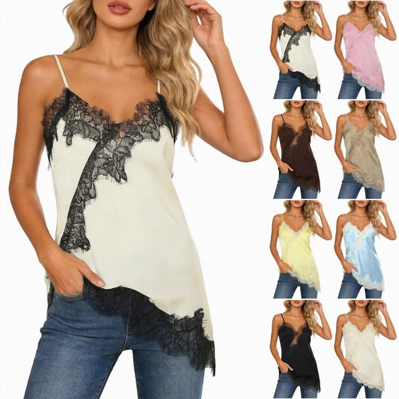 vigerkar Silk Lace Trim Camisole Tops for Women Satin Asymmetrical Tank Top Backless Lace Patchwork Cami Going Out (Dark Gray, S)