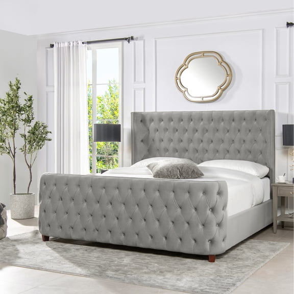 Miekor Furniture Brooklyn King Tufted Panel Bed Headboard and Footboard Set, Opal Grey Velvet MK8953