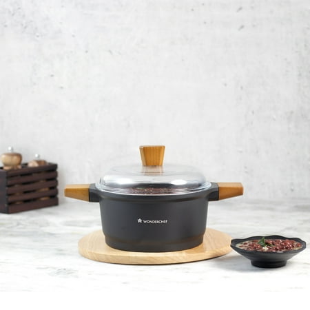 Wonderchef Die Cast Non-Stick Aluminum Casserole with Lid and Wooden Handle , 24cm, Black