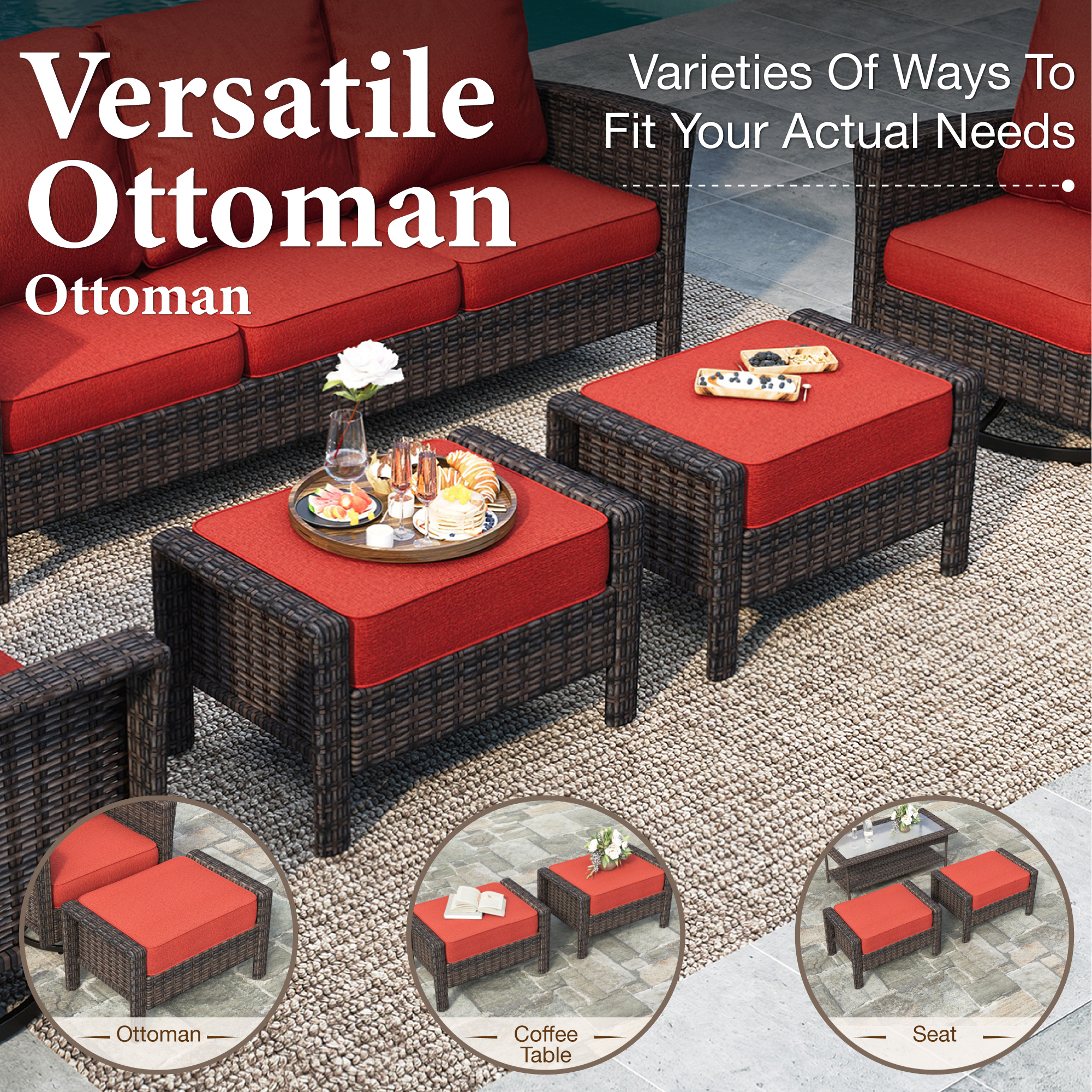 SUMMIT LIVING 9-Seat Patio Furniture Set with 56" Gas Fire Pit Table (50,000 BTU), Wicker Sectional  Outdoor Conversation Set with Swivels Chairs, Red