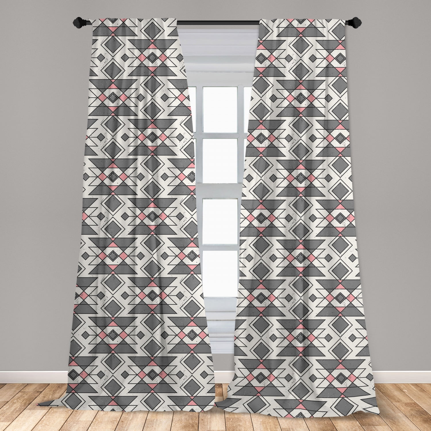 Abstract Curtains 2 Panels Set, Geometric Pattern with Traditional