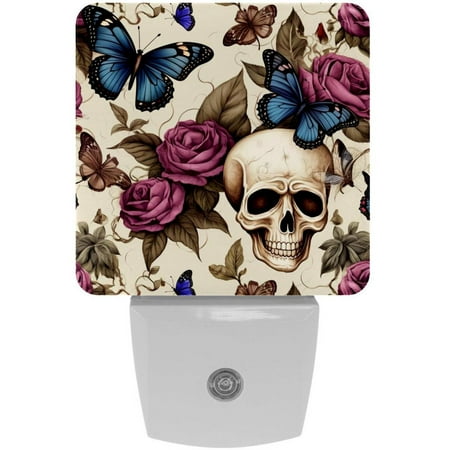 

Skull with Butterflies Floral Aesthetic Pattern 2 Pack Night Lights Plug Into Wall Decorative With Auto Dusk-To-Dawn Sensor LED Night Light For Kids Adults Rooms Toilet Hallway Stairs