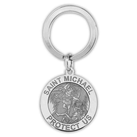 Saint Michael Religious Engravable Keychain - 1 Inch X 1 Inch Round - Sterling Silver