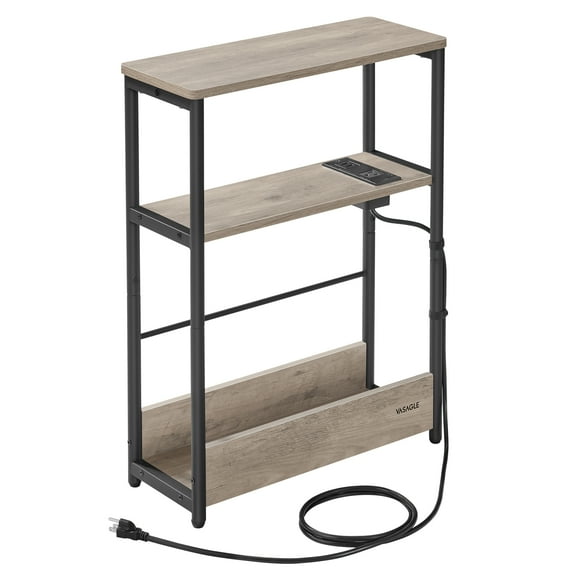 VASAGLE Table d'Appoint avec Station de Charge, Table de Chevet Étroite à 3 Niveaux, Table de Canapé pour Petits Espaces, Porte-Revues, pour Salon, Chambre, Bureau, Gris Chiné et Noir Encre