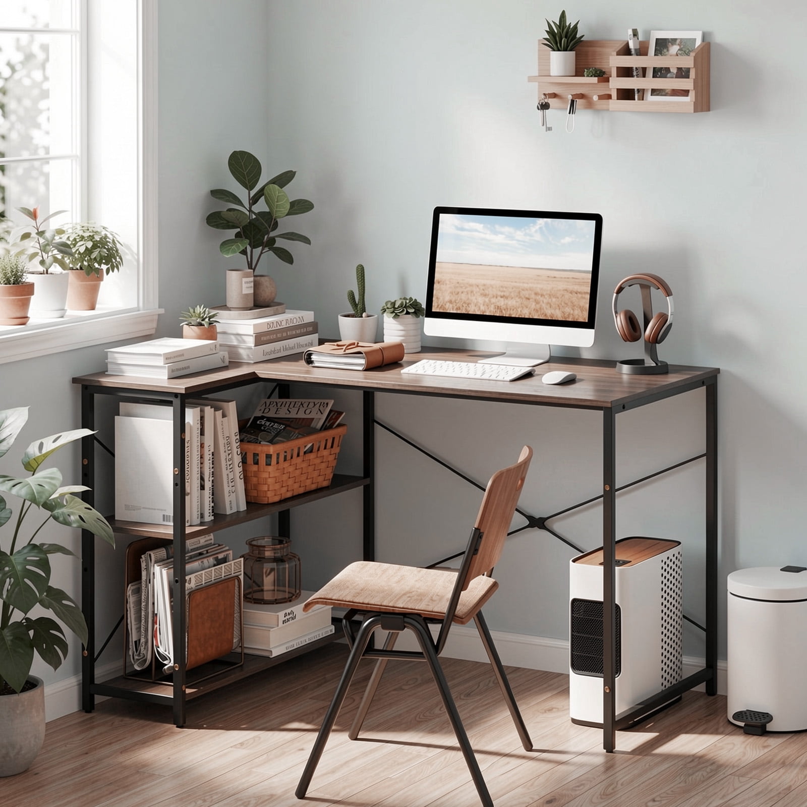 Furnibear L Shaped 47 Inch Reversible Corner Desk with Charging Station USB Type-C Adjustable Storage Shelves Metal Frame Gray