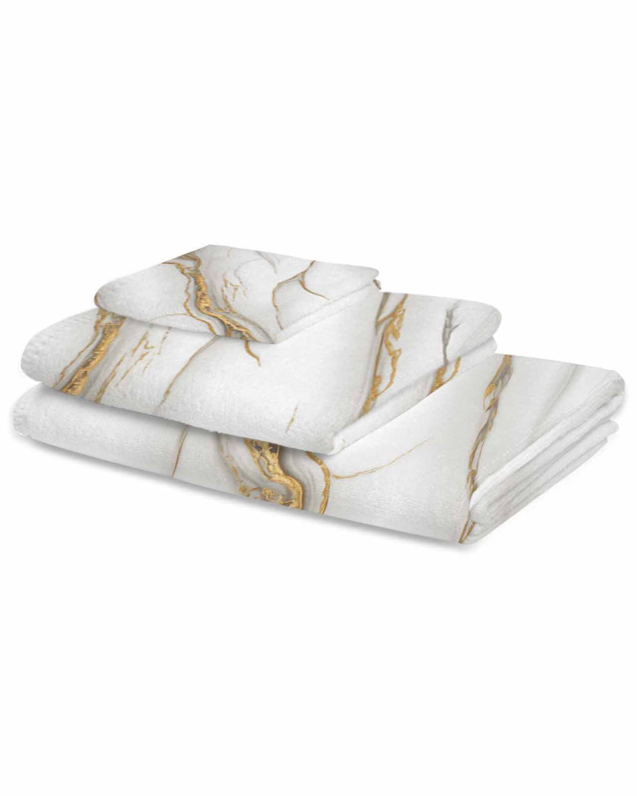 White Golden Marble Towel Set of 3, Soft Microfiber Bath Towels, Hand Towel, Washcloths, Modern Abstract Art Marble Crack Quick-Dry Absorbent Towels for Bathroom Kitchen Hotel Beach Gym Spa