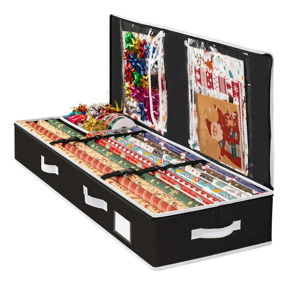 Wrapping Paper Storage Container, Christmas Gift Wrap Organizer, Christmas Wrapping Paper & Holiday Accessories Storage Box, Underbed Gift Wrap Organizer, Ideal for Holiday Christmas, Black