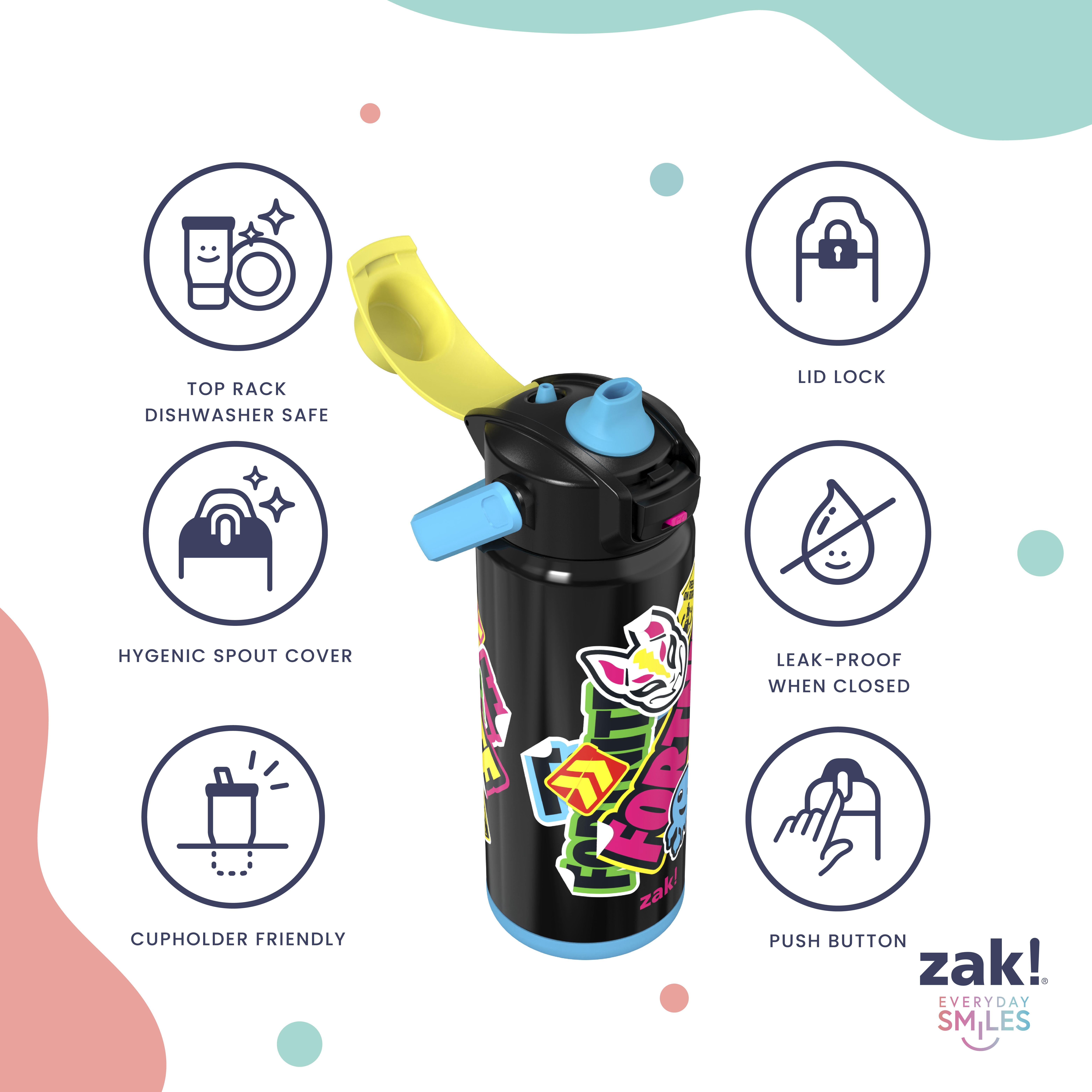 Zak Designs 20oz Fortnite Stainless Steel Liberty Water Bottle with Push Button Lid, Lock, and Carry Handle