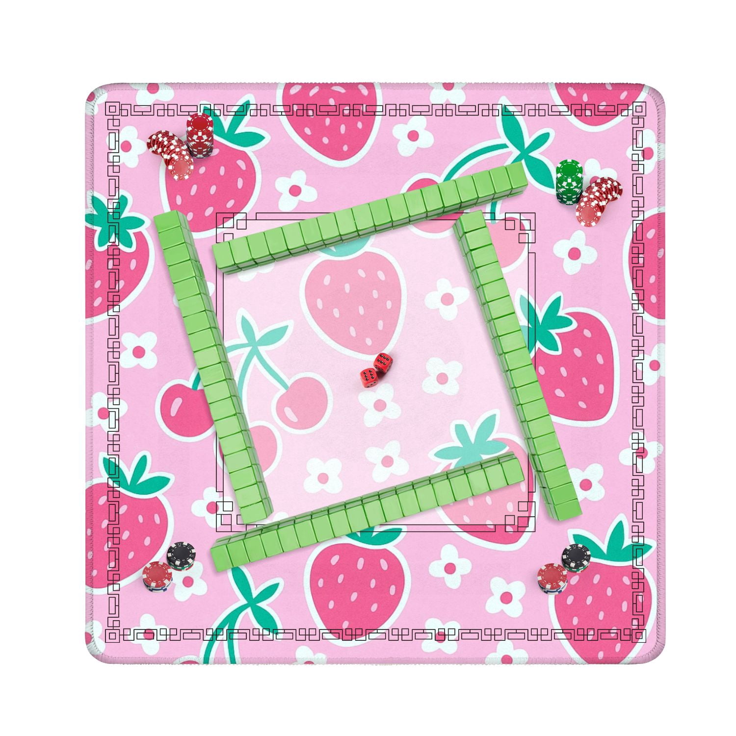 Mahjong Mat 31.5" x 31.5" Cute Pink Strawberry Cherry White Flowers Pink Non-Slip Noise Reduction American Mahjong Tiles Table Cover for Dominoes Poker Card Board Games Gift