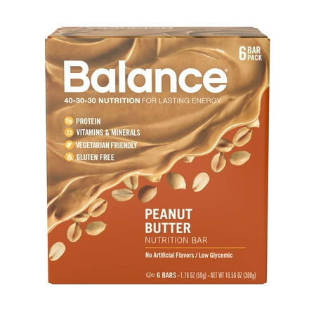 Balance Bar® Peanut Butter, 1.76 Ounce Bars, 6 Count, Peanut Butter Nutrition Bar, Gluten Free, Low Glycemic Index, 15g Protein
