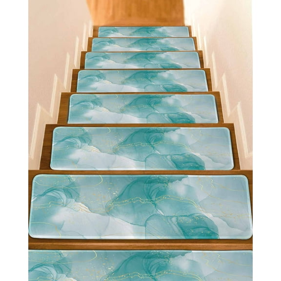 Marble Aqua, Stair Treads for Wooden Steps Indoor Runner Rug Carpet, Gradient Gold Aesthetics Abstract Minimalist Art 10 Pieces Peel and Stick Staircase Step Treads Covers Washable Door Mats 30"x8"