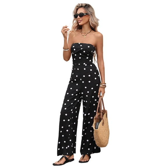 EASYBRA Sleeveless Polka Dot Jumpsuit High Waisted Wide Leg Resort Vacation Outfit Black S M L XL