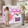 thumbnail image 2 of Redsmile Play Kitchen,Wooden Kids Kitchen Playset,Strawberry Pretend Play Toy Realistic Kitchen Cookware Microwaves,Pots,Kettles,Spatula and Faucets,Gift for Girls Boys Ages 3+,Pink, 2 of 9