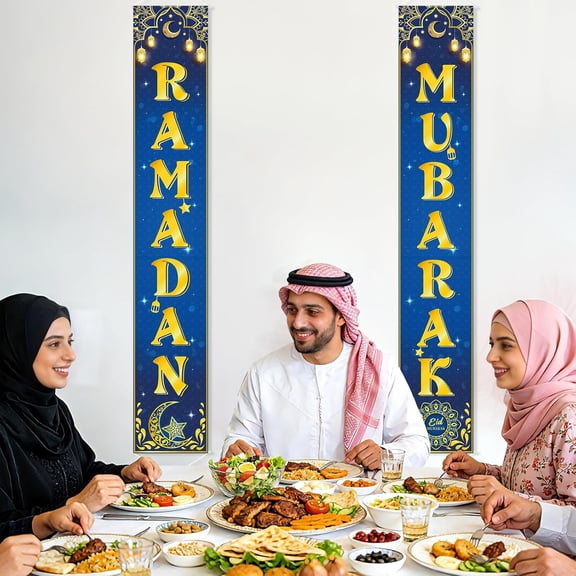 Ramadan Mubarak Decorations Banner Set of 2, 12" x 71" Eid Mubarak Party Door Porch Sign Banner for Home Yard Lawn Front Door Decor, Muslim Kareem Parties Decoration Indoor Outdoor (Blue Gold)