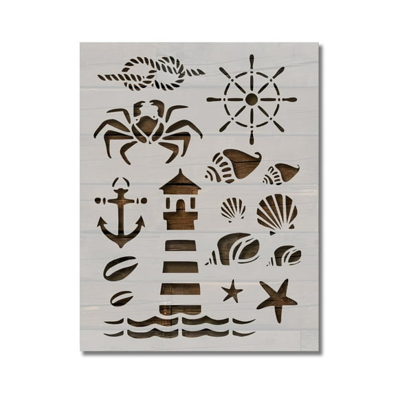 Nautical Rope Crab Sea Shells Lighthouse Anchor Stencil Template Reusable 8.5 x 11 for Painting on Walls, Wood, Etc. By Stencilville