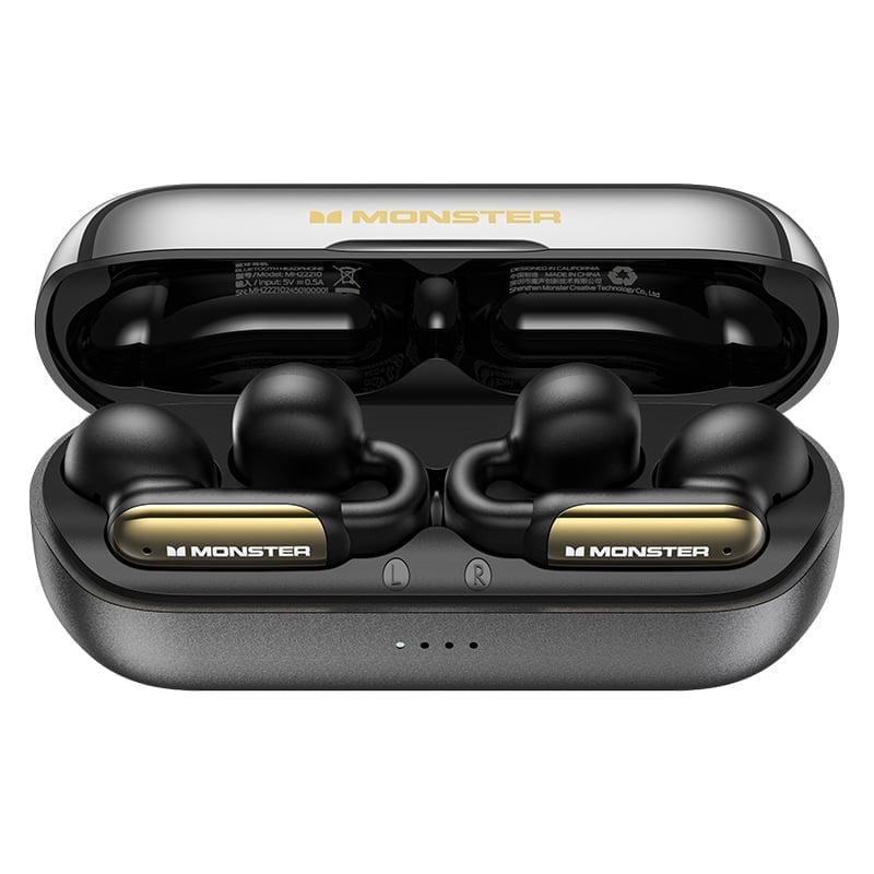 Monster Open Ear Wireless Earbuds, Comfortable Clip-on Earbuds with Noise Cancellation, Touch Control & IPX5 Waterproof Headphones for Sport, Black