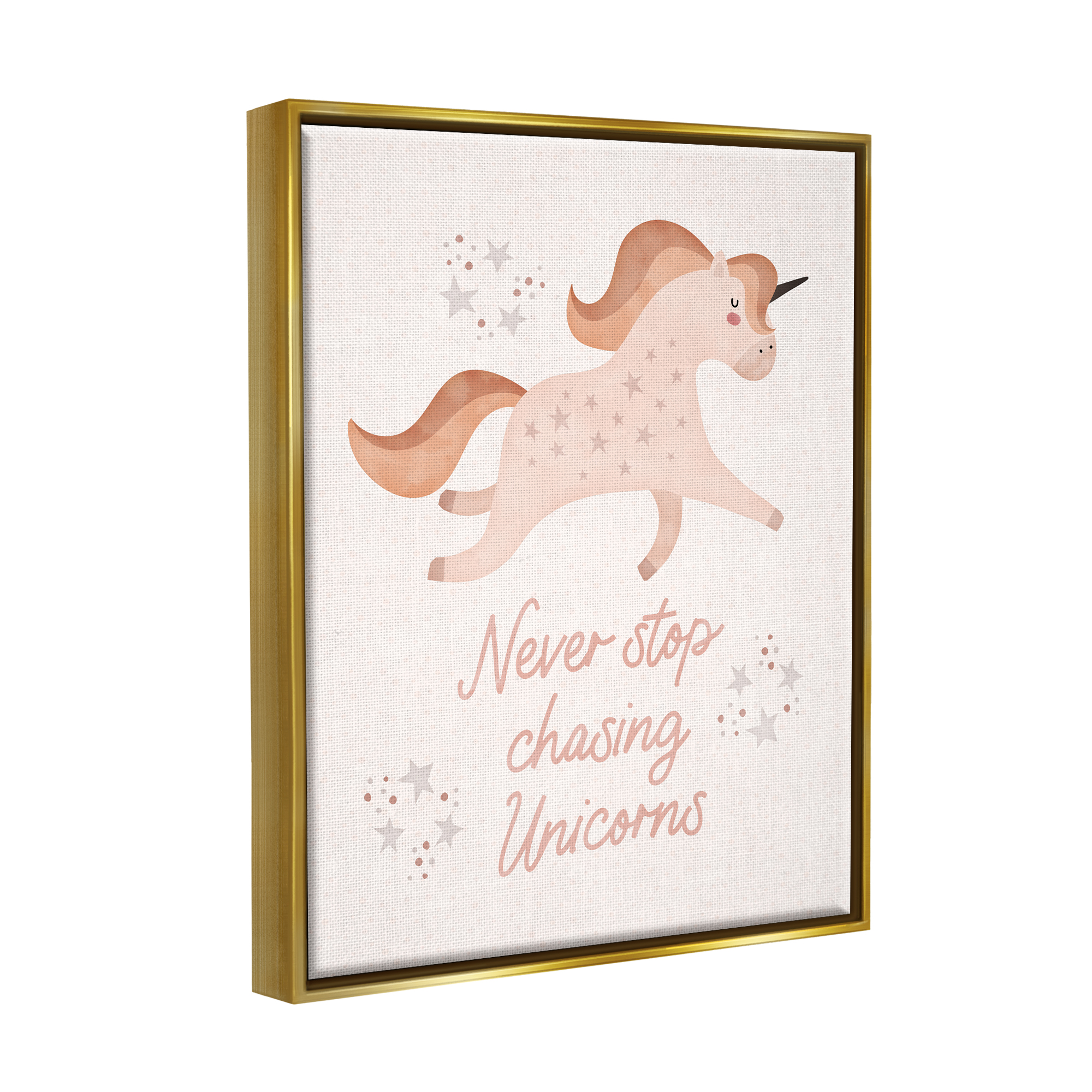 Stupell Never Stop Chasing Unicorns Phrase Fairy Tales & Fantasy Painting Gold Floater Framed Art Print Wall Art