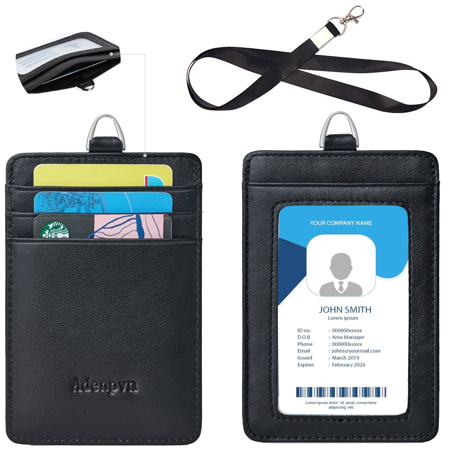 Genuine leather id badge holder with lanyard,soft leather ID Card Holder,Up to 20 colors and leather grains to choose,frommultiple card slots,vertical work name badge case