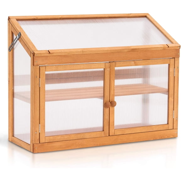 2-Tier Wooden Cold Frame Garden Greenhouse Raised Flower Planter Shelf Bed Protection(Orange)