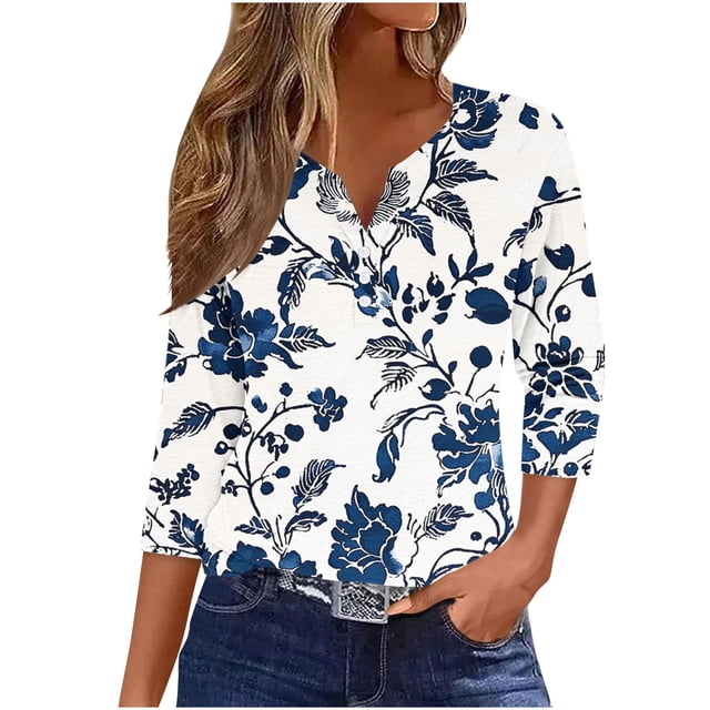 Blusas para las Mujeres Casual Impreso 3/4 Mangas Cuello en V Botón de Ocio Top Blusa Tops para las Mujeres