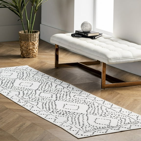 nuLOOM Mila SpinClean Machine Washable Diamond Trellis Area Rug, 2' 6" x 8', Runner, Mila White