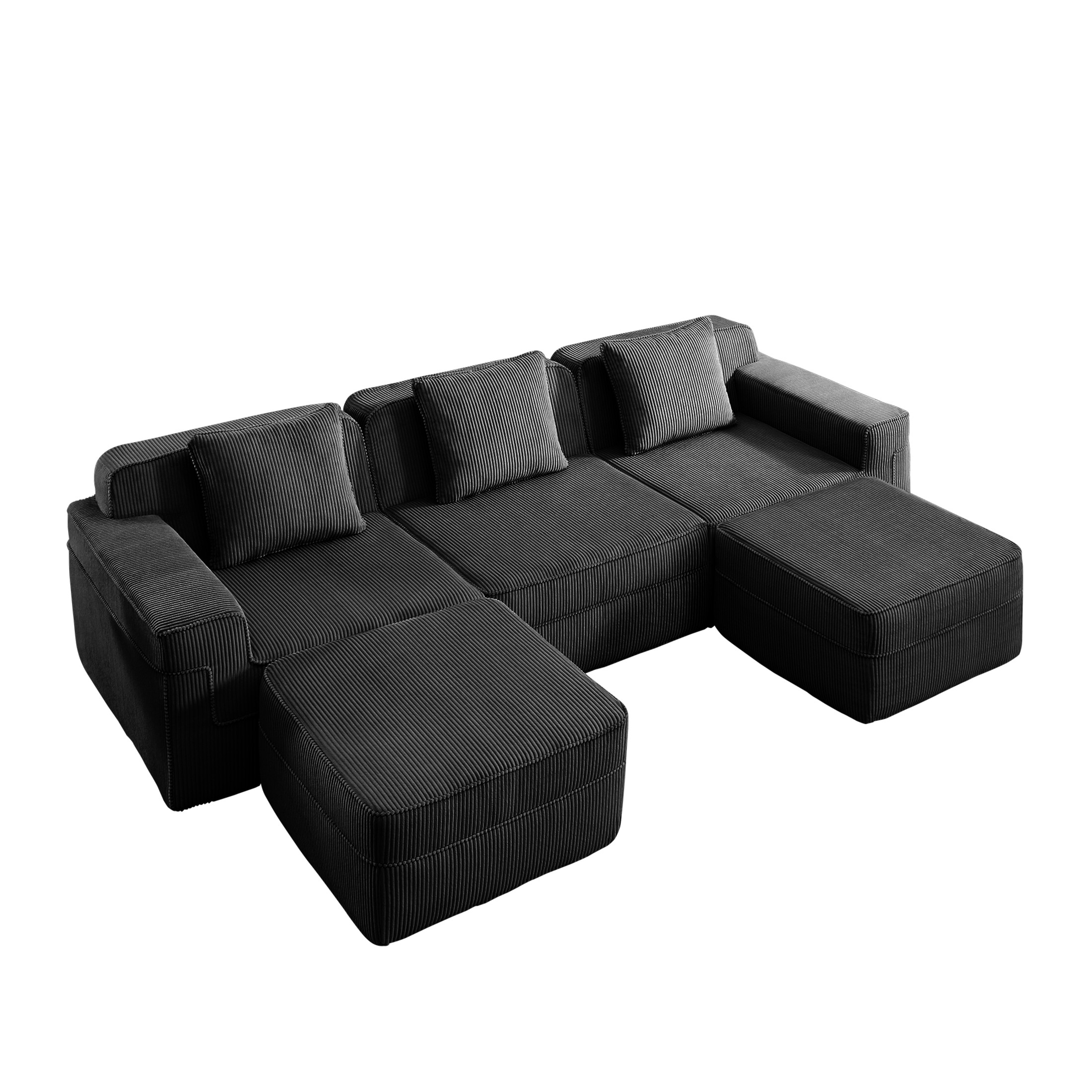 Noble House 3-Seat L-Shape Cloud Sectional Sofa, Boneless Design, Throw Pillows & 2Movable Ottoman, Corduroy Fabric,Black