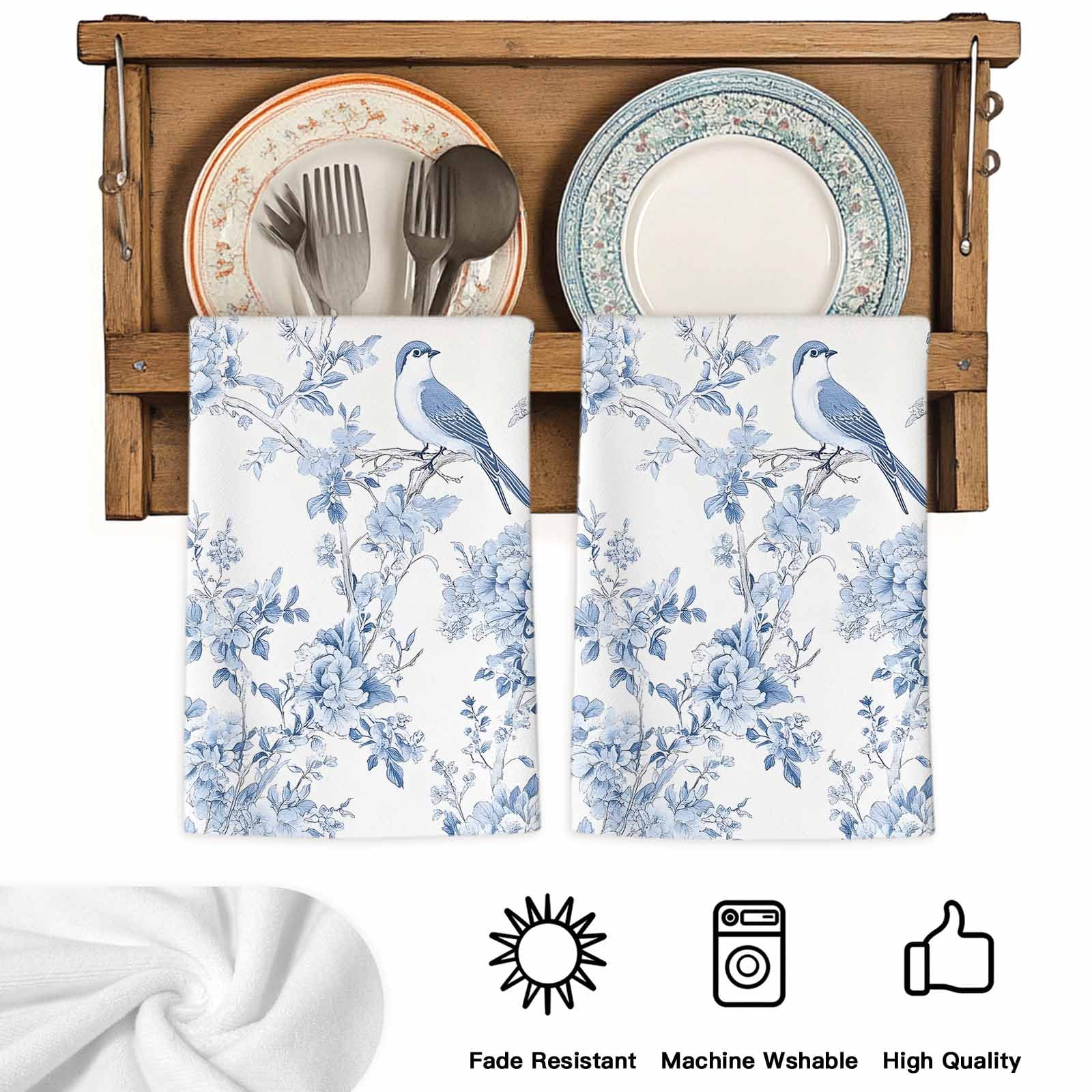 Blue White Flowers Kitchen Towels Set of 2, Spring Summer Floral Botanical Soft Microfiber Dish Towels, Absorbent Quick-Dry Washable Dishcloths for Kitchen Cleaning, Drying Dishes, 18x28 Inches