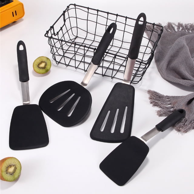 Juego de espátula de silicona, espátula para pescado, espátula ranurada resistente al calor, espátula antiadherente para hornear, cocinar y mezclar, apto para lavavajillas, paquete de 4, negro