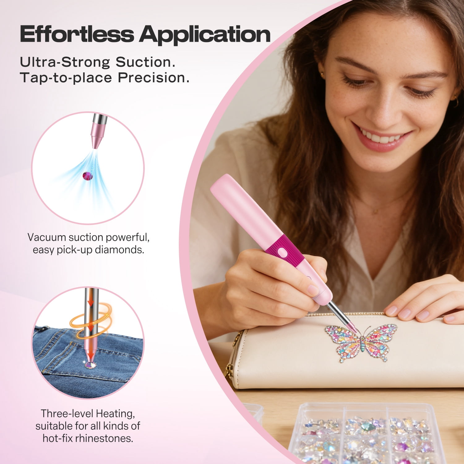 LC-dolida Cordless Diamond Painting Pen Kit, Electric Vacuum Pen with 4000mAh Battery, 3-Level Heating, Ultra-Strong Suction, Includes 3024pcs Hotfix Rhinestones & 5 Tips for Adults DIY (Pink)