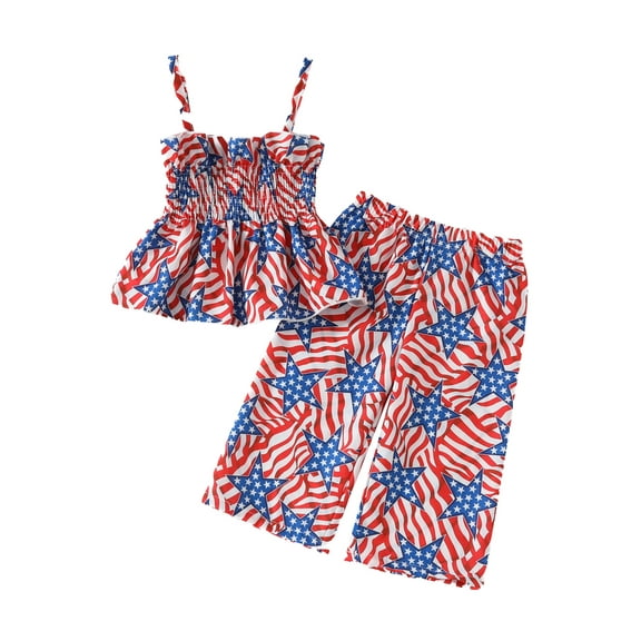 Jxzom Toddler Baby Girl 4th of July Outfit 6 9 12 18 Monthes 2T 3T Sleeveless Star Print Ruffled Tops Wide Leg Pants Summer Clothes Set