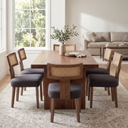 Guyou Modern Rattan Backrest Dining Chairs Set of 2, Mid-century Farmhouse Linen Upholstered Kitchen Chairs Solid Wood Side Chairs for Kitchen Dining Room Living Room, Charcoal