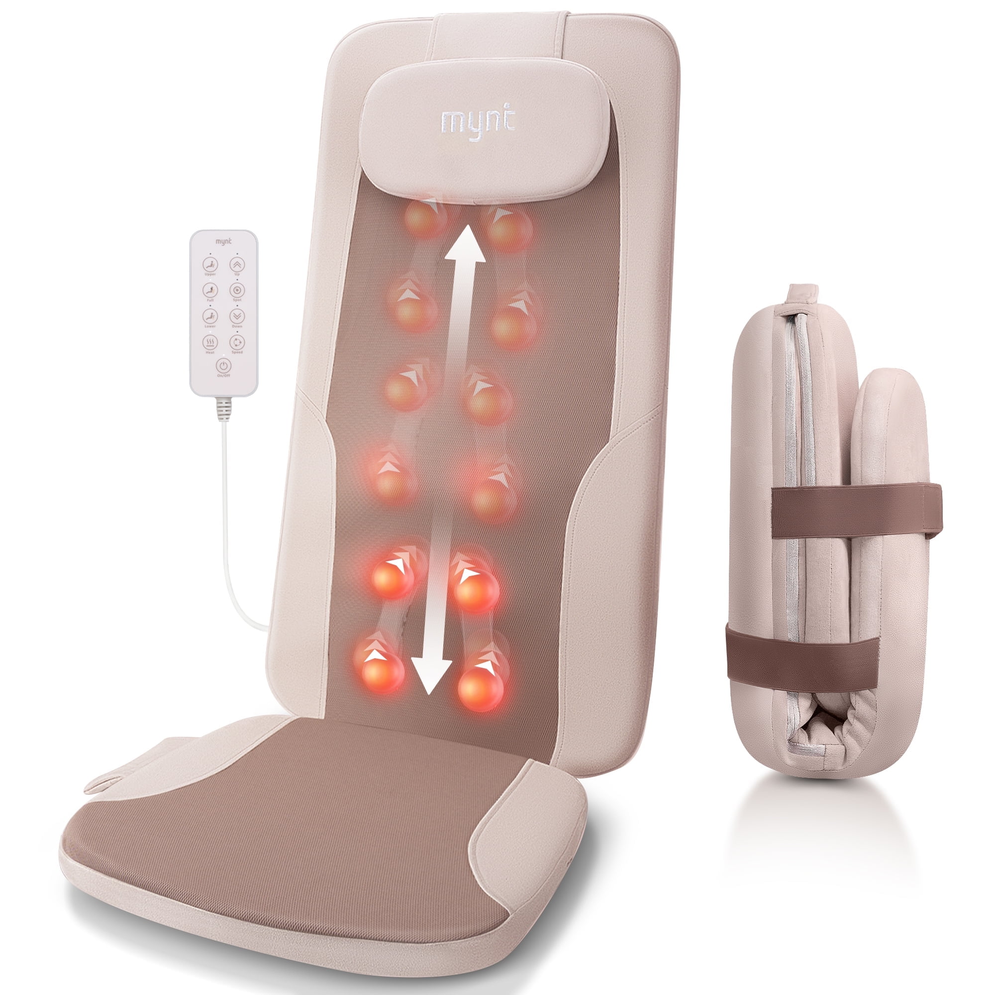 Mynt Back Massager with Heat, Foldable Shiatsu Seat Massage Cushion for Home/Office, Brown